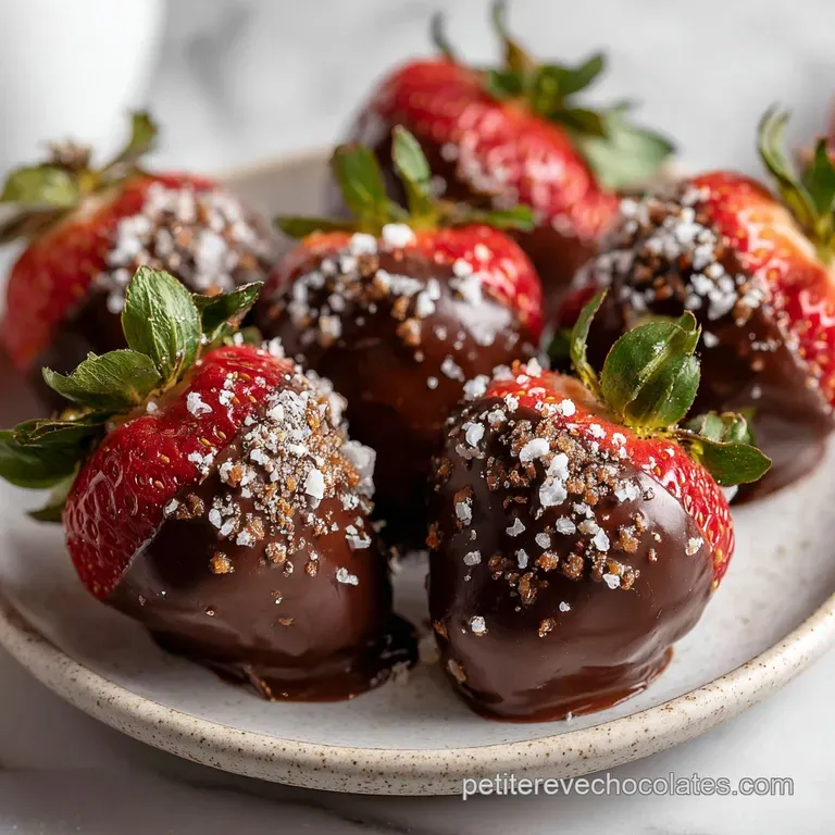 Elegant arrangement of chocolate-dipped strawberries on a white plate, dusted with cocoa powder, highlighting their glossy...