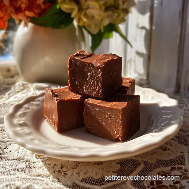 A slice of decadent fudge on a small plate, dusted with cocoa powder, hints of sea salt, and ready to be savored.