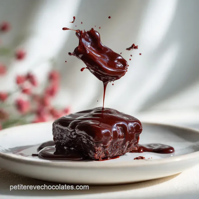 Slice of glossy chocolate ganache cake on a white plate, highlighting the smooth texture and deep brown color. Simple eleg...