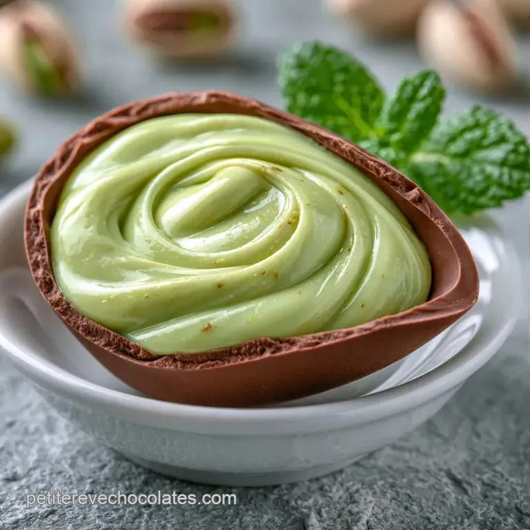 Une volute de cr&egrave;me vert tendre d&eacute;pos&eacute;e avec soin, surmont&eacute;e de p&eacute;pites de chocolat sombre sur un fond blanc &eacute;pur&eacute;.