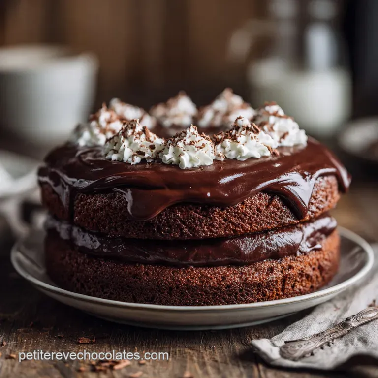 Slice of decadent chocolate cake with fudgy frosting, served on a white plate, hints of powdered sugar, inviting and indul...