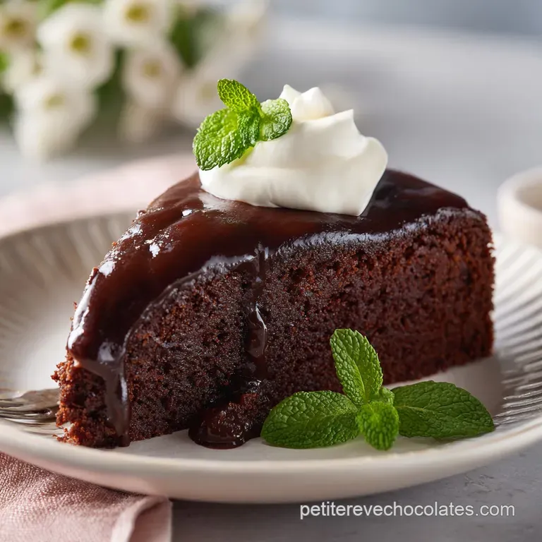A slice of moist chocolate cake on a white plate, drizzled with glossy ganache.
