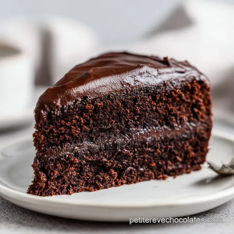 A slice of deep chocolate cake, adorned with a swirl of whipped cream and a raspberry.