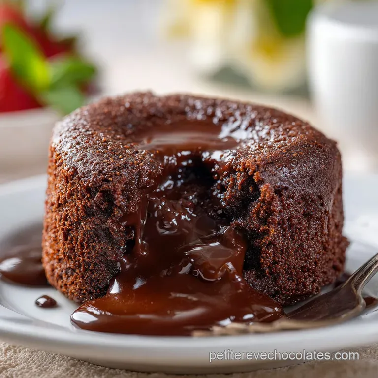 A slice of molten chocolate cake on a white plate, dusted with powdered sugar and fresh raspberries.