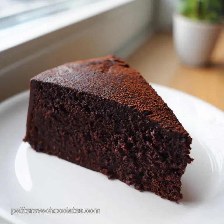 Une part de g&acirc;teau moelleux brun sombre pos&eacute;e sur une assiette blanche, accompagn&eacute;e d'une cr&egrave;me onctueuse et blanche.