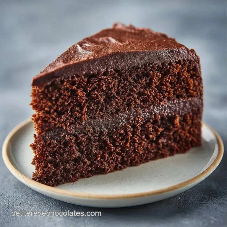 Part de g&acirc;teau sombre sur assiette blanche, agr&eacute;ment&eacute;e de framboises rouges &eacute;clatantes et d'une feuille de menthe.