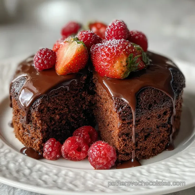 Slice of moist chocolate cake on a white plate, adorned with fresh raspberries and a dusting of cocoa. Elegantly simple.