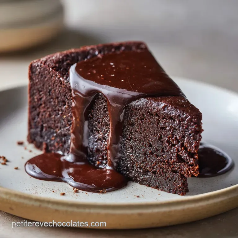 Slice of decadent chocolate cake on a white plate, glossed chocolate sauce. Berries and mint sprig add bright color and fr...