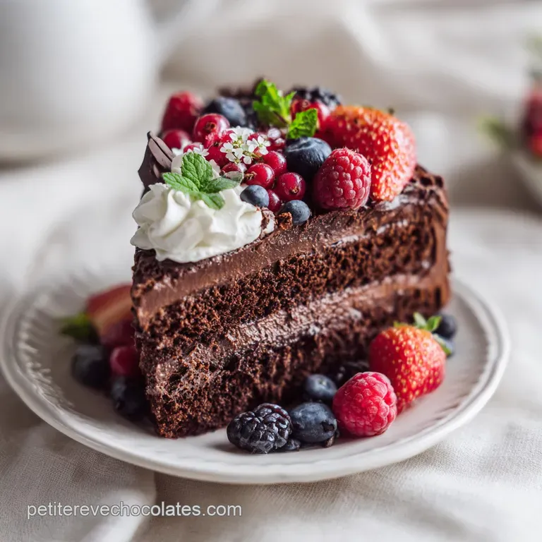 A slice of dark chocolate cake drizzled with glossy ganache, topped with fresh raspberries.