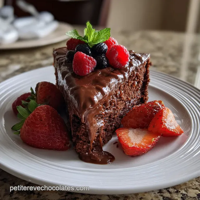 A slice of chocolate cake on a white plate, garnished with fresh raspberries and a swirl of whipped cream, an elegant dess...