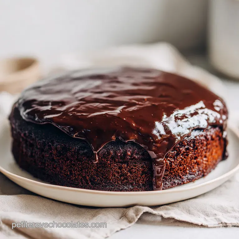 Slice of decadent chocolate cake on a white plate, glistening with chocolate sauce, alongside a dollop of whipped cream.