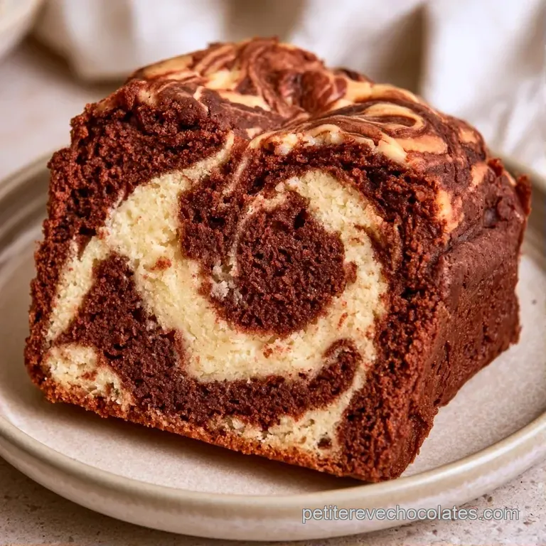 Une part de g&acirc;teau aux strates brunes et ivoire pos&eacute;e sur une assiette blanche, d&eacute;cor&eacute;e d'une feuille de menthe fra&icirc;che.