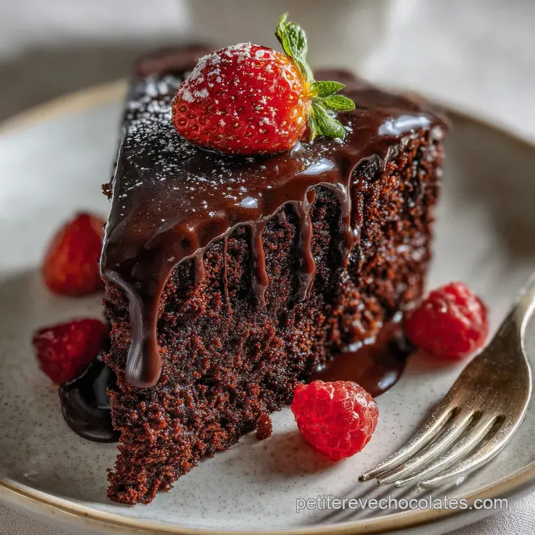 Sleek slice of chocolate cake on a white plate, showcasing a crisp exterior and a smooth, creamy interior. Garnished with ...
