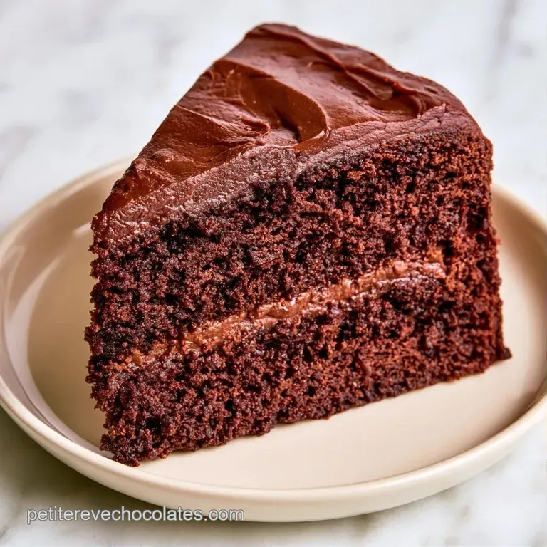 Part de biscuit chocolat&eacute; sombre sur assiette blanche, mettant en avant un c&oelig;ur tendre, humide et intens&eacute;ment fondant.