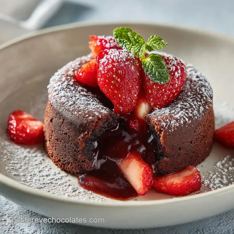 A slice of dark chocolate cake, revealing a moist crumb, adorned with fresh strawberries and a dollop of cream.