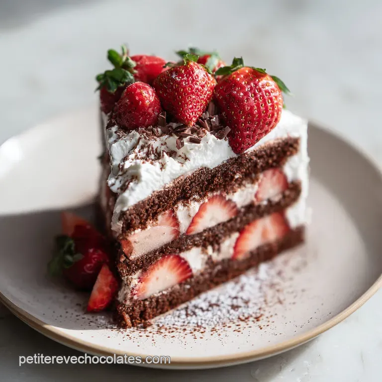 A slice of deep chocolate cake artfully arranged with fresh strawberries and a swirl of cream.