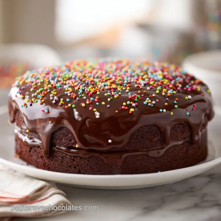 Slice of moist chocolate cake with glistening ganache, plated beautifully with fresh raspberries and a sprig of mint.