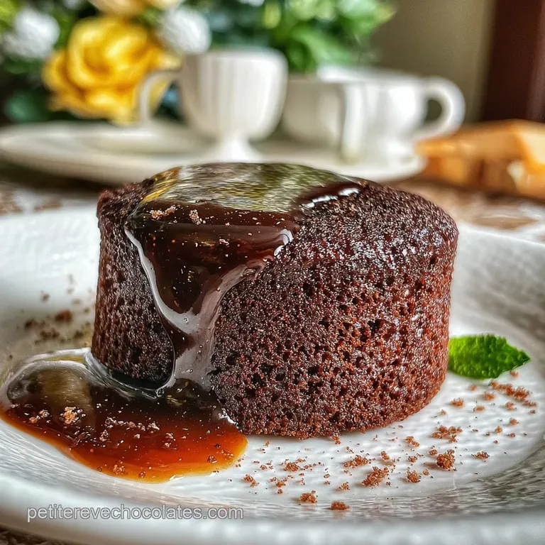 Slice of dark chocolate cake on a white plate, dusted with cocoa. Hints of steam suggest it's fresh from the oven.