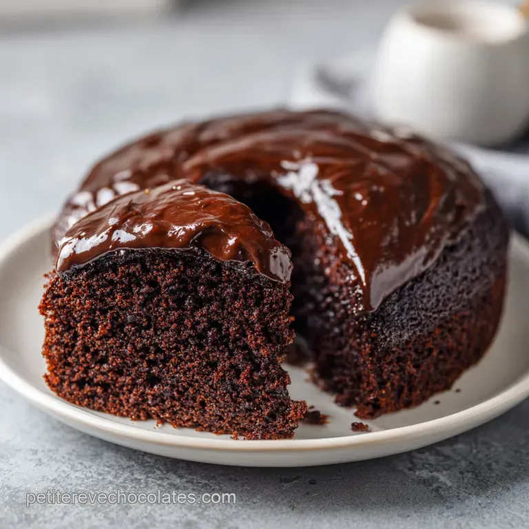 Slice of glistening chocolate cake on a white plate, topped with fresh raspberries and a sprig of mint. Powdered sugar dus...