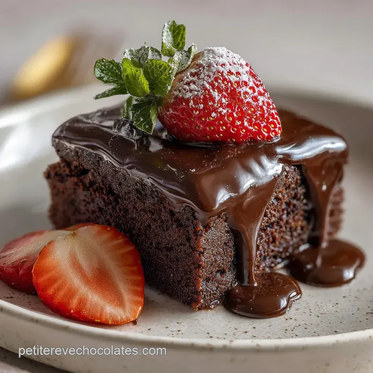 Slice of decadent chocolate cake on a white plate, dusted with cocoa, highlighting its rich, moist crumb.
