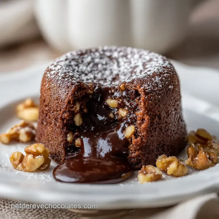 A slice of decadent chocolate nut cake on a white plate, dusted with cocoa powder. The deep color contrasts with the plate.