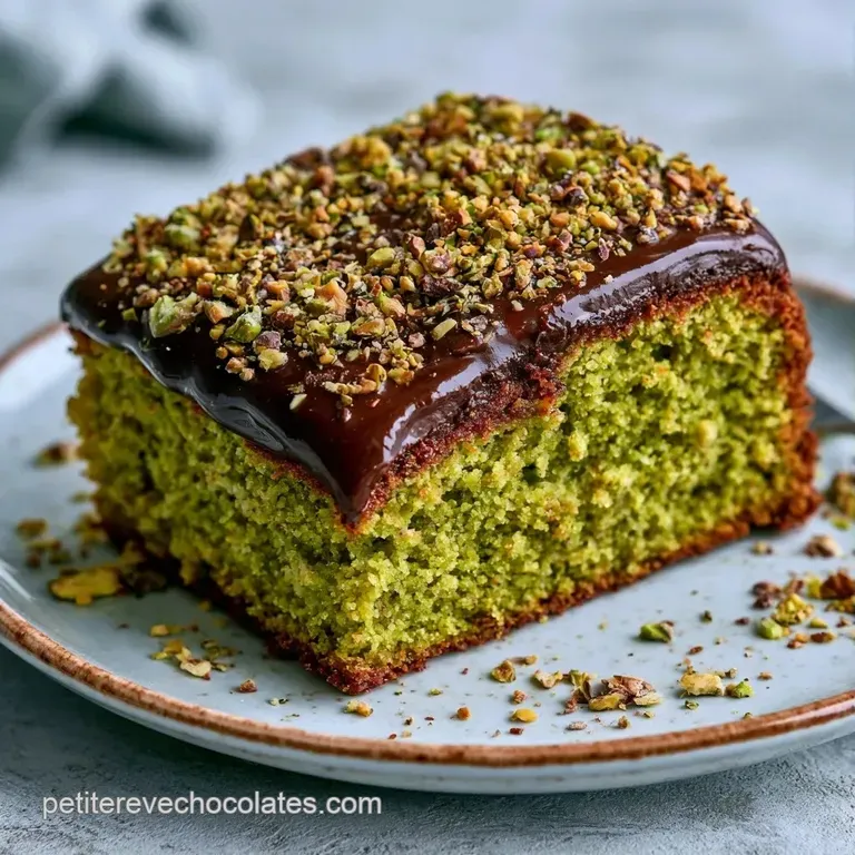 Tranche de g&acirc;teau a&eacute;rien aux nuances brunes et vertes sur assiette blanche, agr&eacute;ment&eacute;e de quelques pistaches enti&egrave;res.