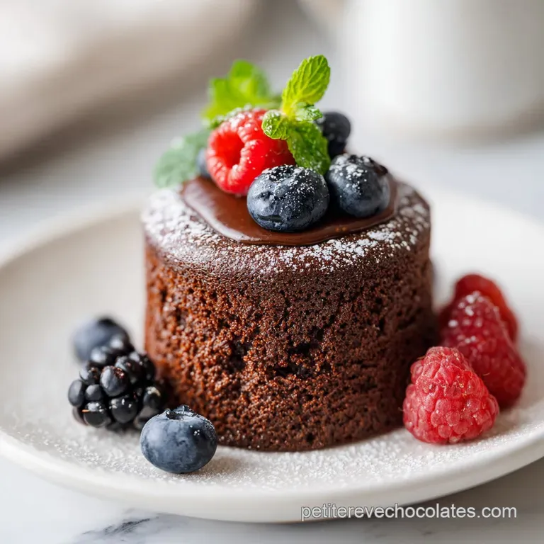 A slice of glossy, dark chocolate cake with a delicate dusting of powdered sugar on a white plate.