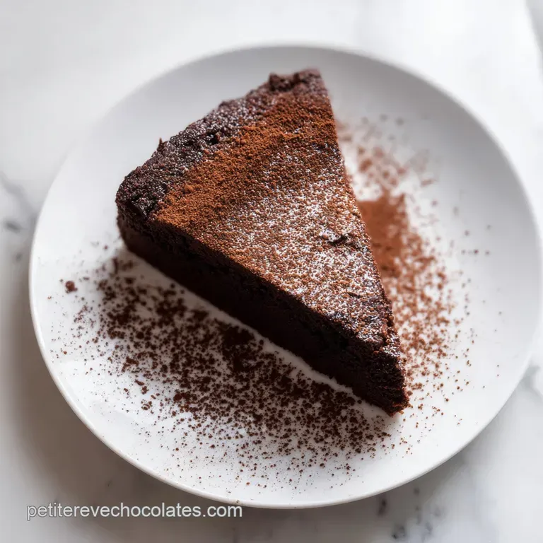 Une part de g&acirc;teau brun intense sur assiette blanche, agr&eacute;ment&eacute;e d'une framboise rouge et d'un voile de sucre glace fin.