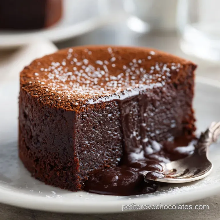 Slice of intensely dark, flourless chocolate cake plated with fresh raspberries and a delicate dusting of powdered sugar. ...