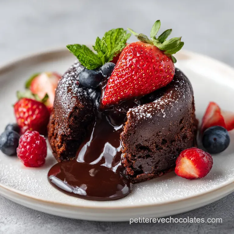 Elegant chocolate dessert plated with fresh raspberries, a sprig of mint, and a delicate dusting of cocoa powder.