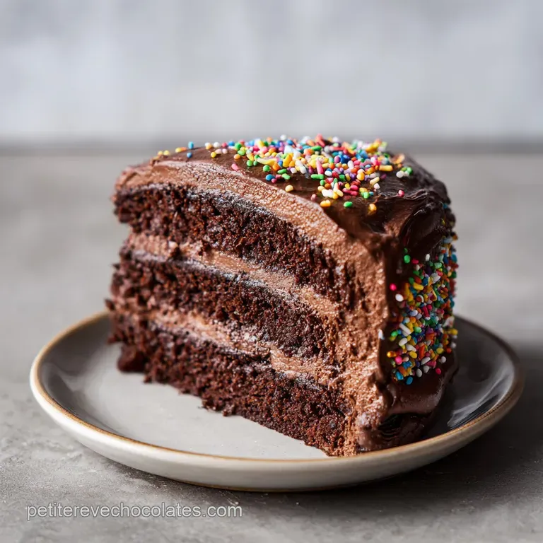 A slice of deep chocolate cake with glossy ganache, artfully plated with a swirl of cream.