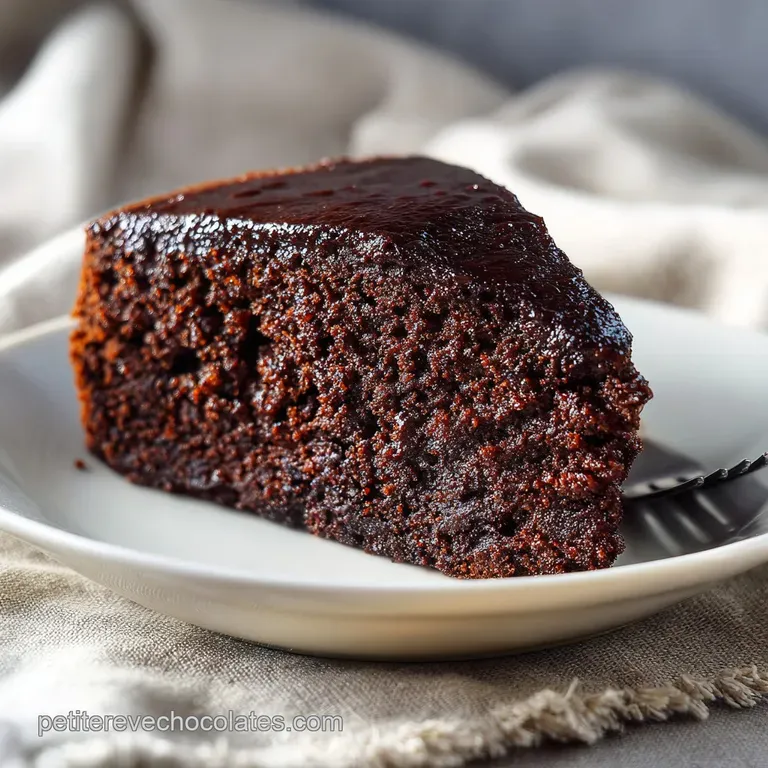 Slice of warm, molten chocolate cake on a white plate, a scattering of cocoa powder, and a scoop of melting vanilla ice cr...