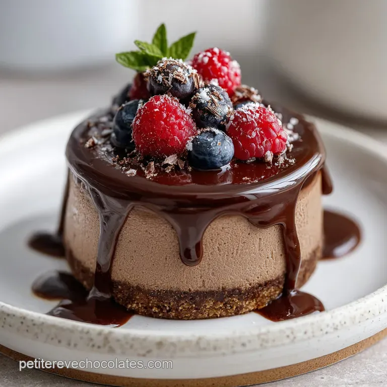 Elegant slice of dark chocolate mousse cake with a glossy shine, nestled beside fresh raspberries and a dusting of cocoa.