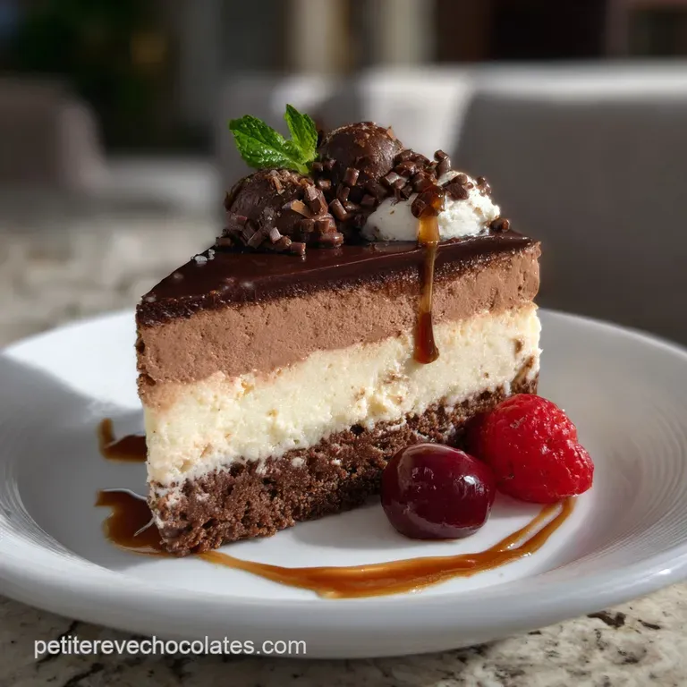 Elegant slice of layered chocolate mousse cake, served on a white plate with a drizzle of chocolate sauce and a fresh rasp...