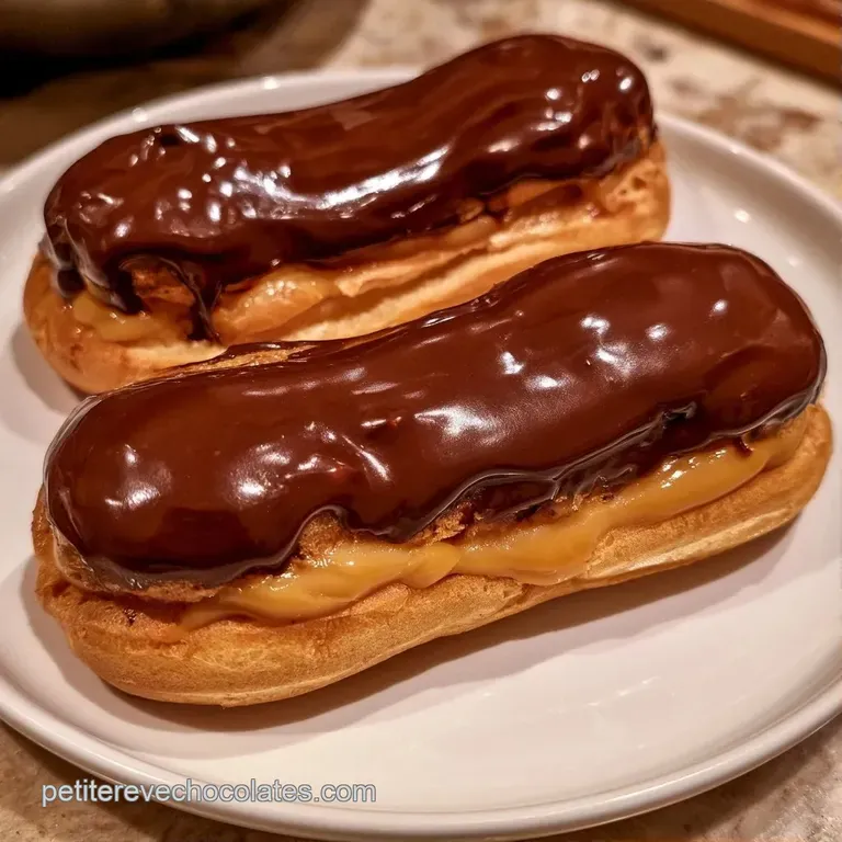 Trois g&acirc;teaux allong&eacute;s align&eacute;s, leur gla&ccedil;age cacao sombre et miroitant refl&egrave;te la lumi&egrave;re sur une assiette blanche.