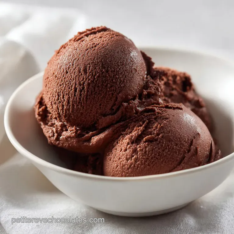 Elegant scoop of decadent chocolate dessert in a glass dish. Garnished with cocoa powder and a delicate chocolate curl.