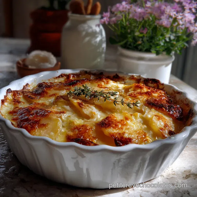 Elegant plate featuring a portion of the gratin, revealing layers of potatoes and sauce, garnished with fresh parsley and ...