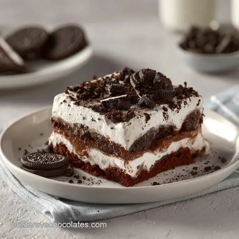 A slice of chilled chocolate lasagne on a white plate, showcasing the alternating layers of dark chocolate and creamy fill...