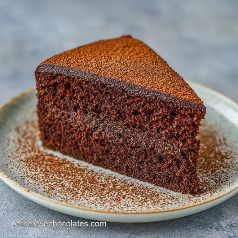 Tranche de g&acirc;teau sombre et fondante sur porcelaine blanche, contrast&eacute;e par un nuage de cr&egrave;me onctueuse et fra&icirc;che.