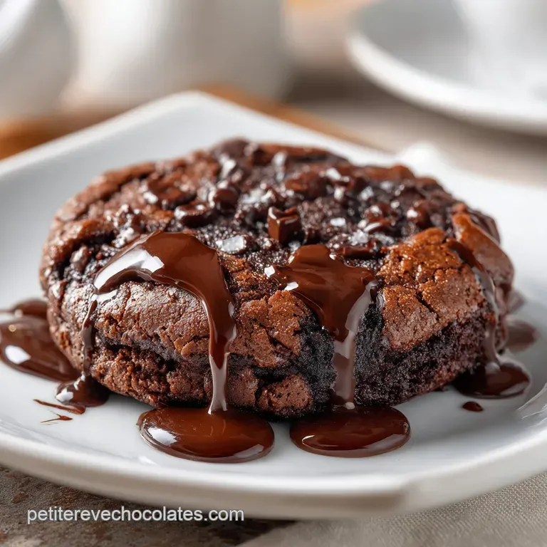 Elegant brownie cookie plated with a scoop of vanilla ice cream, drizzled with rich chocolate sauce and a sprinkle of sea ...
