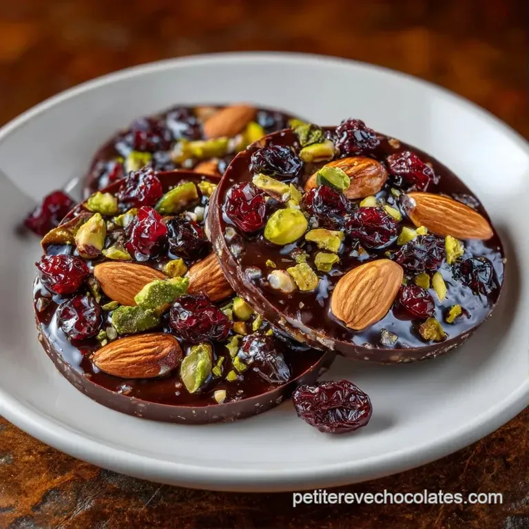 Petits cercles de chocolat sombre dispos&eacute;s avec &eacute;l&eacute;gance sur une assiette blanche, &eacute;clats d'amandes grill&eacute;es.