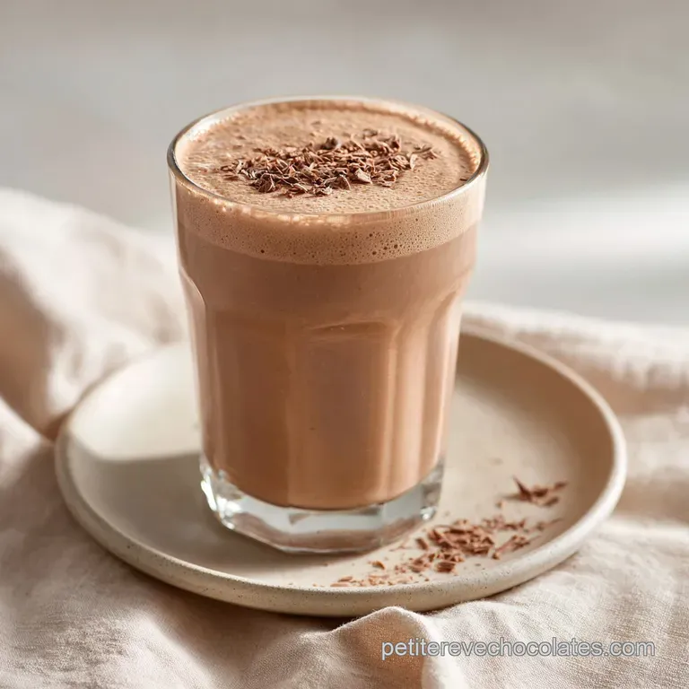 A tall, chilled glass of thick chocolate milkshake, artfully adorned with whipped cream and a cocoa dusting.