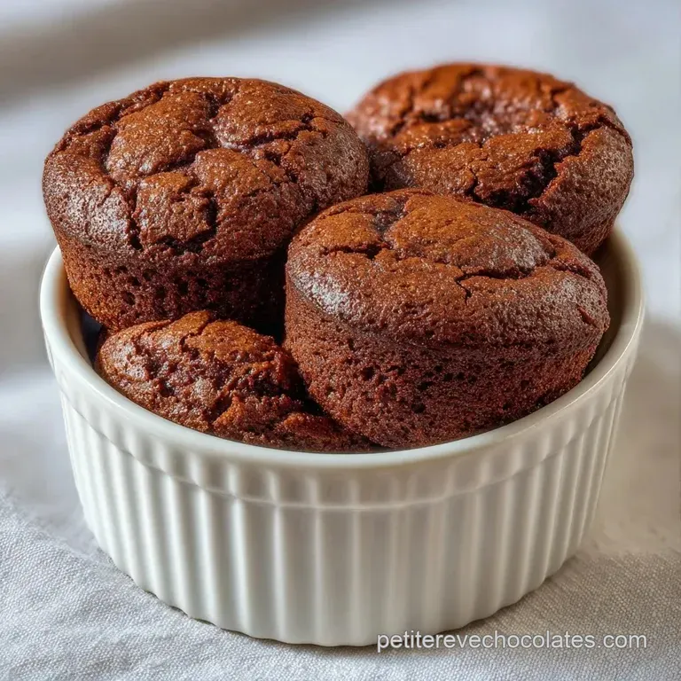 Mini souffl&eacute;s a&eacute;riens et brun profond dress&eacute;s avec soin sur une assiette blanche, poudr&eacute;s de sucre neigeux.