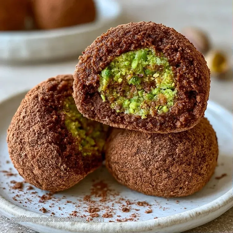 Mochis poudr&eacute;s pos&eacute;s sur une assiette en c&eacute;ramique, accompagn&eacute;s de brisures de pistaches vertes et d'un coulis sombre.