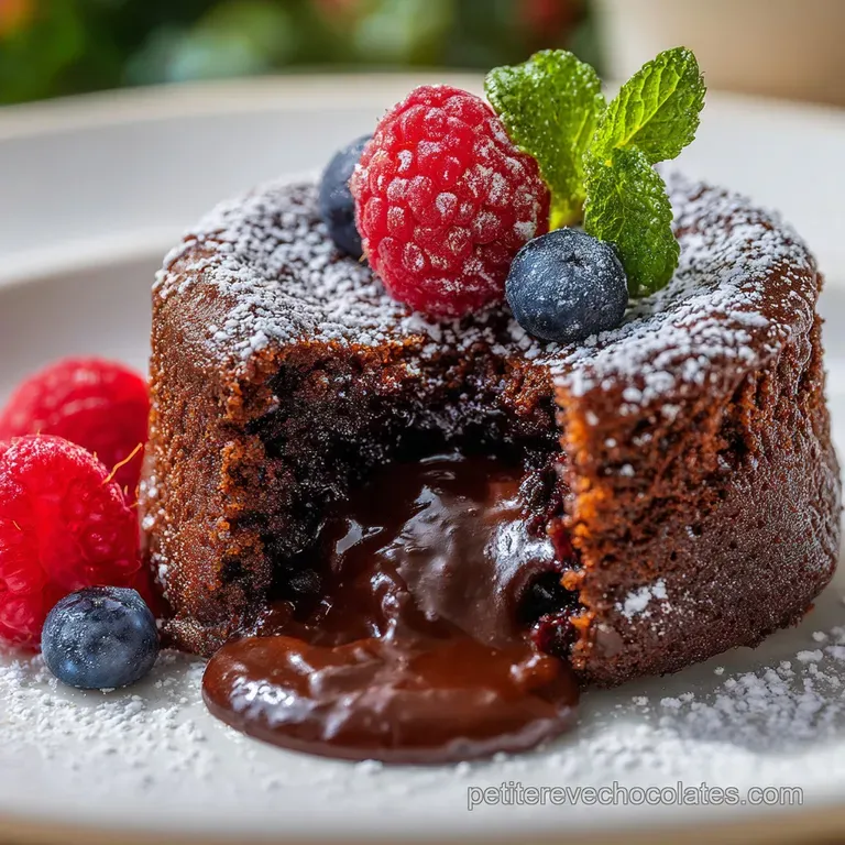 A rich, dark chocolate molten lava cake presented on a white plate, dusted with cocoa, alongside a scoop of vanilla ice cr...