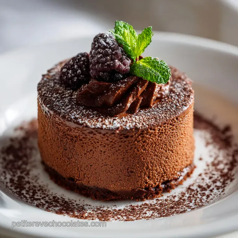 Elegant chocolate mousse quenelle with a glossy sheen, garnished with fresh raspberries and a sprig of mint on a white plate.