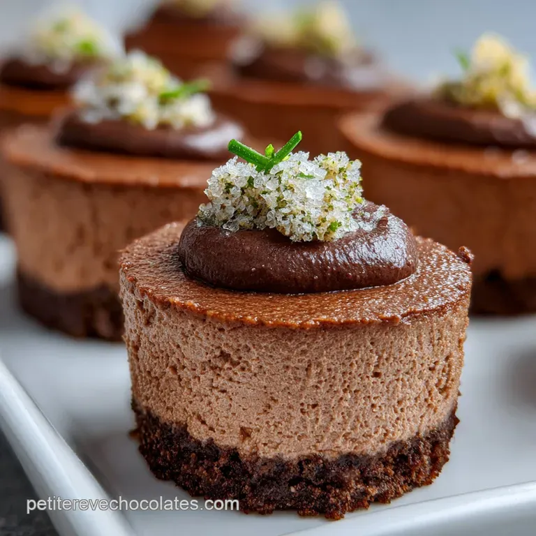 Individual ramekin of rich chocolate mousse with a delicate sprig of mint and a scattering of cocoa powder.