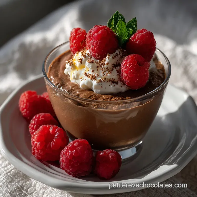 Elegant small glass filled with intense dark chocolate mousse, garnished with a single fresh raspberry. A sophisticated an...