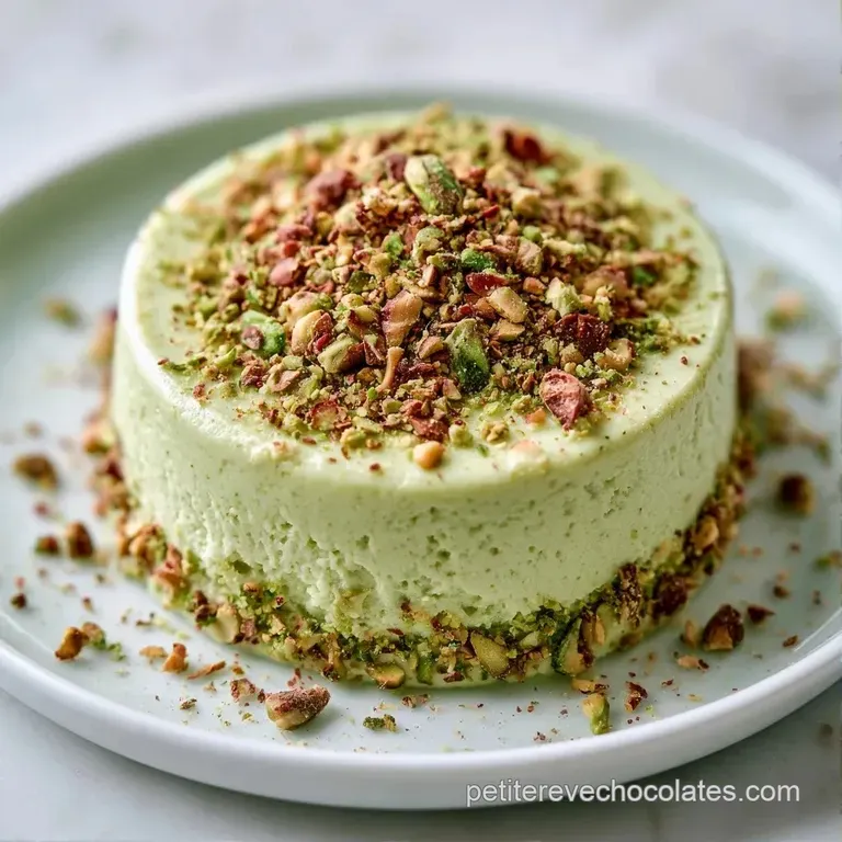 Quenelle de mousse a&eacute;rienne beige p&acirc;le sur assiette blanche, d&eacute;cor&eacute;e d'un trait de coulis vert et de pistaches concass&eacute;es.