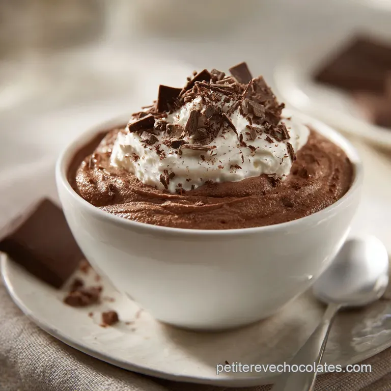 Elegant chocolate mousse in a stemmed glass. Whipped cream peaks, chocolate shavings, and a single fresh raspberry garnish...